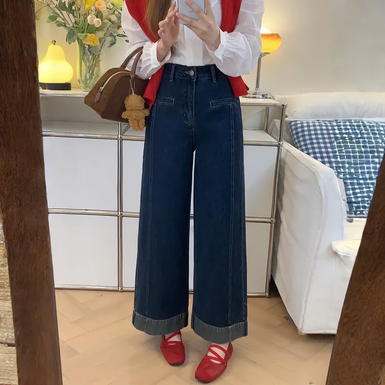 秋季新款深蓝色阔腿牛仔裤女丹宁风弹力显瘦高腰宽松小个子牛仔裤