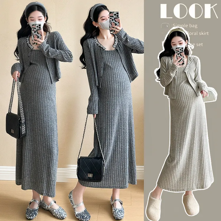 名媛风洋气孕妇装韩版显瘦2025春季新款重工时髦吊带连衣裙两件套