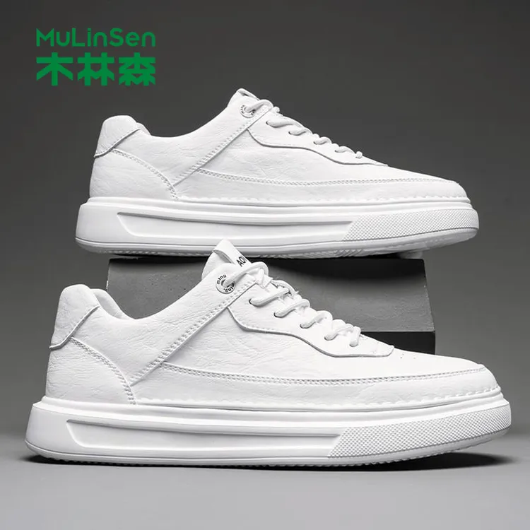 木林森夏季男鞋皮面打孔透气高级感纯色厚底小白鞋男士轻便软底休