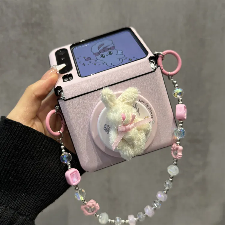 适用华为purax折叠屏手机壳粉色皮纹pocket2立体毛绒兔子磁吸支架