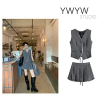 【YWYW25F/W】纯色宽松马甲内搭+高腰百褶蓬蓬裙套装5607
