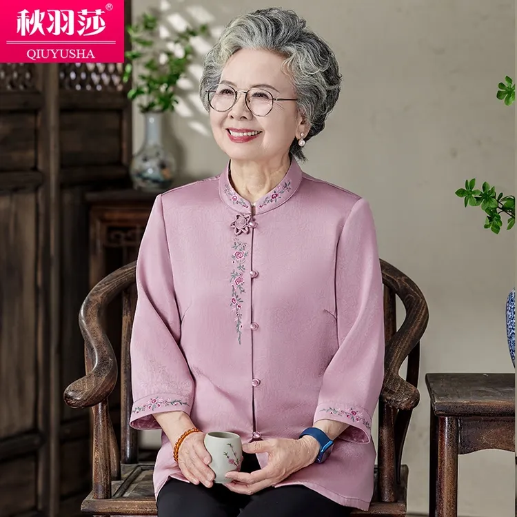 老年人夏装女新中式刺绣衬衣中年妈妈夏季国风衬衫七分袖老人开衫