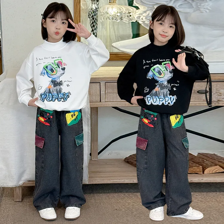 女童春秋装2025新款女大童潮酷风短袖T恤儿童秋装牛仔短裤两件套