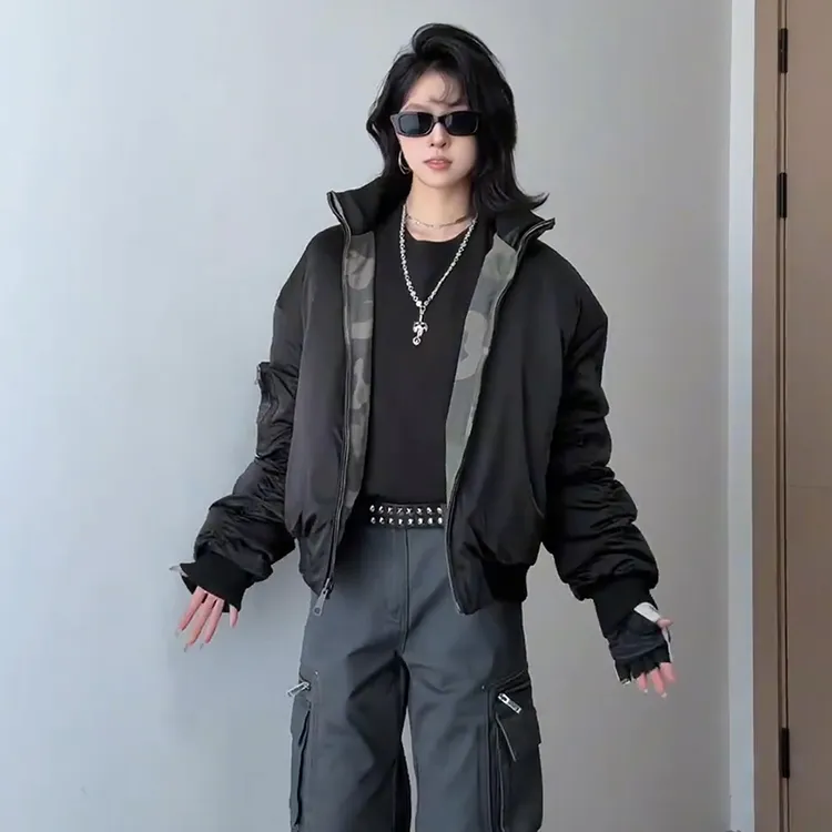 双面穿迷彩飞行夹克棉服男款冬季加厚短款bomber廓形立领棉衣外套