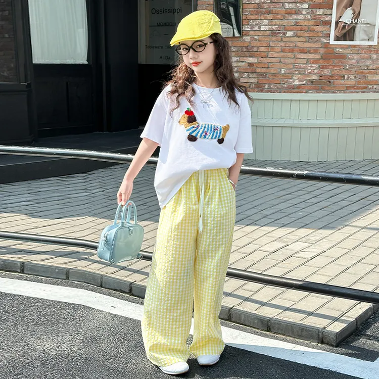 夏季女童套装2025新款中大童时尚韩版休闲卡通短袖格子休闲裤套装