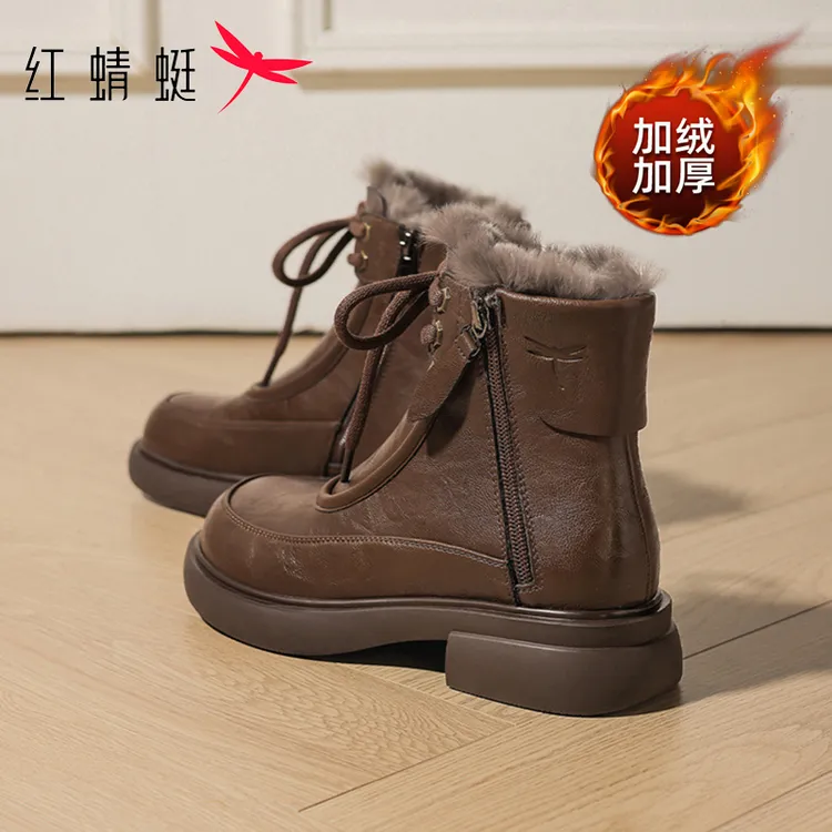 红蜻蜓厚底马丁靴女款2025新款英伦风秋冬季加绒保暖靴子女士短靴
