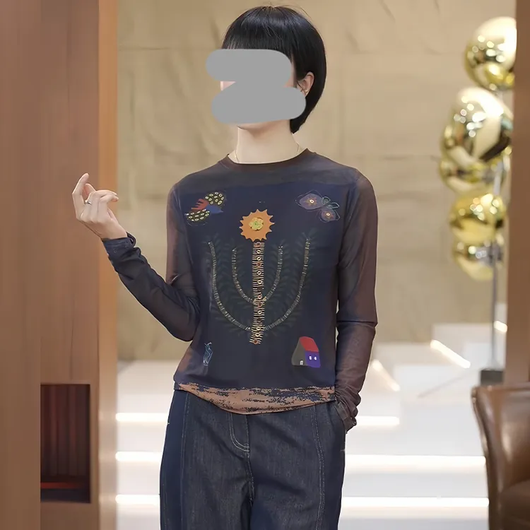设计感小众休闲印花t恤女2025年春秋新款拼接圆领长袖打底衫上衣