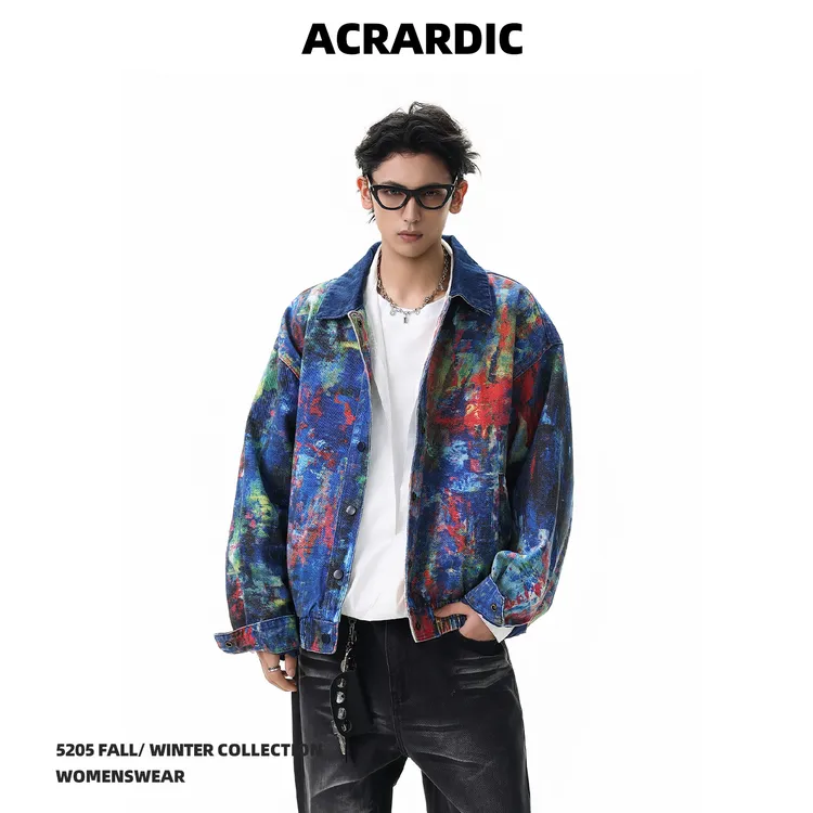 ACRARDIC秋季街头个性彩绘涂鸦牛仔夹克男美式痞帅小众宽松外套潮