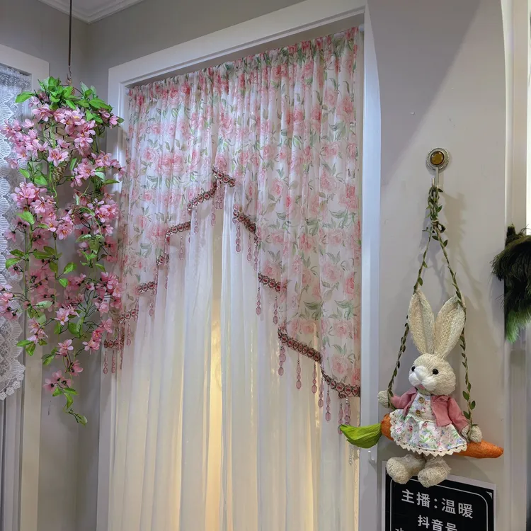 轻奢玫瑰花语免打孔安装隔断门帘纱帘蕾丝卧室厨房隔断