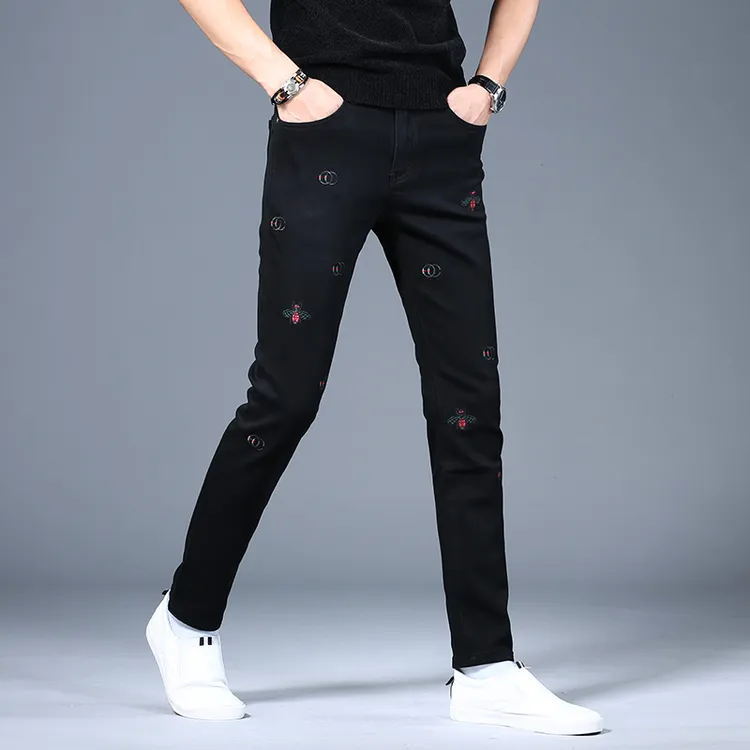 LEROLEHAR刺绣花男士牛仔裤时尚春秋新款弹力修身小脚长裤韩版