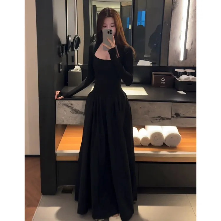 喵喵 纯欲风拼接方领长袖连衣裙女秋季高腰大摆裙显瘦气质裙子A58