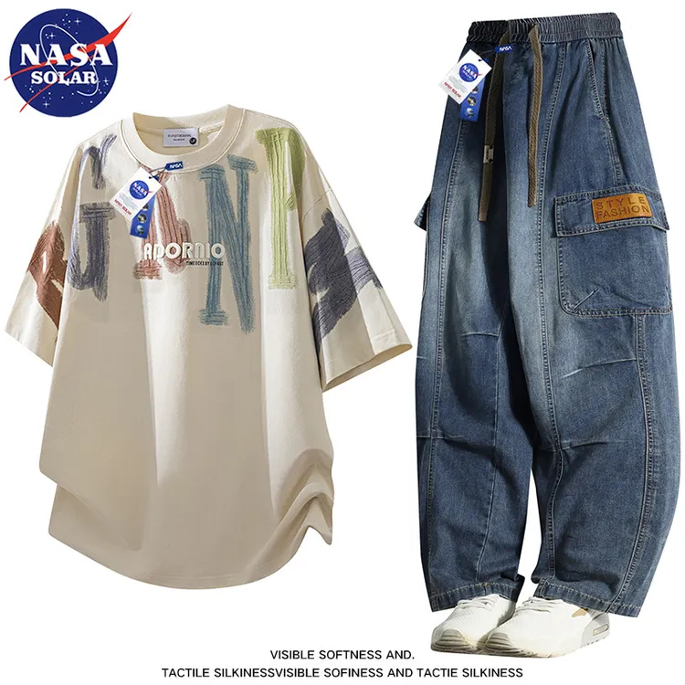 NASA SOLAR男士凉感大码短袖T恤套装夏季宽松痞帅牛仔阔腿裤子男