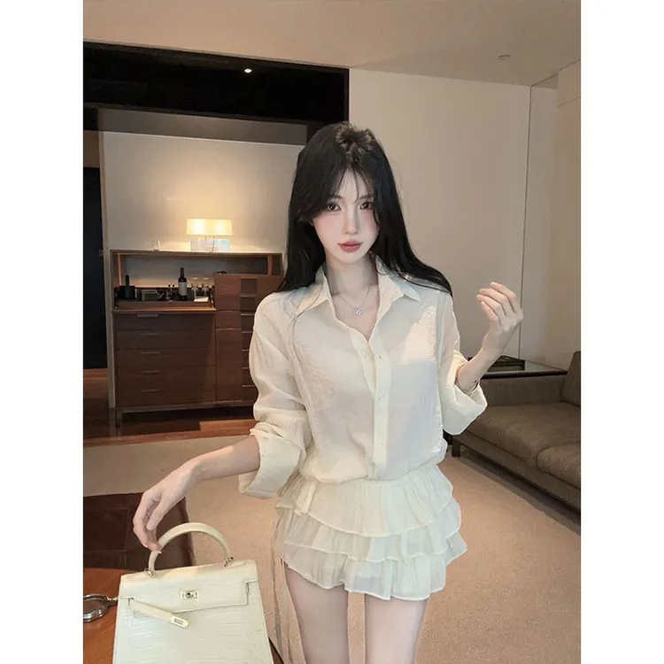 2025年秋季新款设计感小众洋气甜酷辣妹蛋糕高腰腰封衬衫衬衣套装