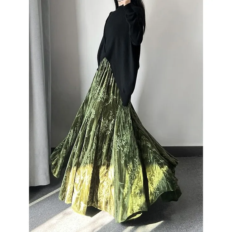 长裙子女复古绿色鱼尾裙中国风半身裙金丝绒大裙摆长款春秋冬印花
