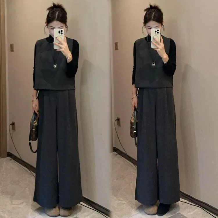 2025春秋季新款女士时尚套装高级感打底衫马甲阔腿裤子气质三件套