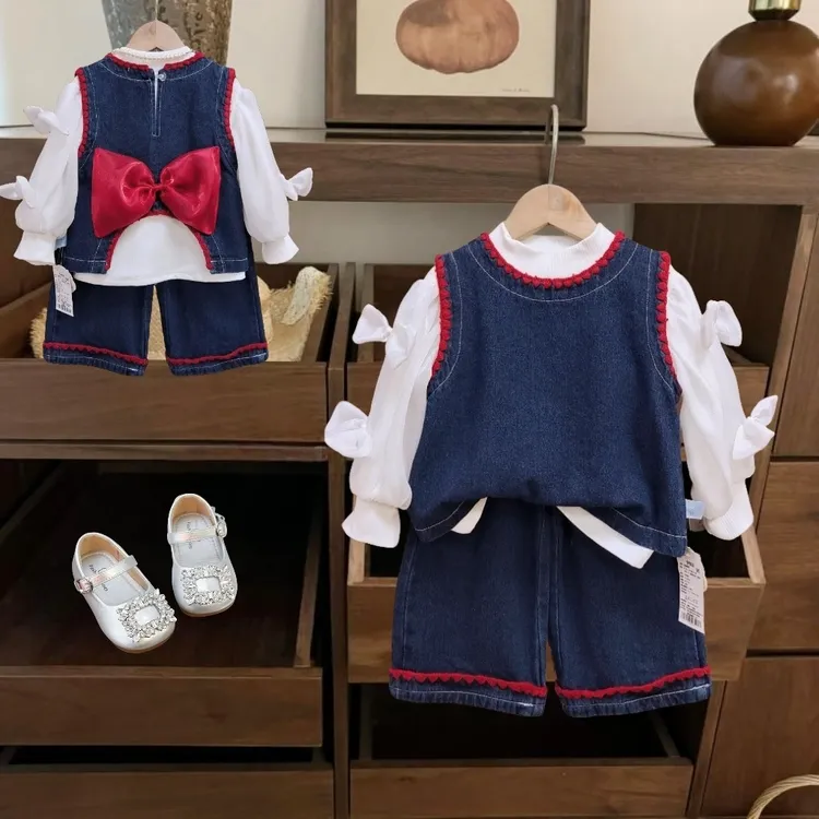 J新款上新女童甜美洋气简约时尚韩版春秋软牛仔三件套套装Q029