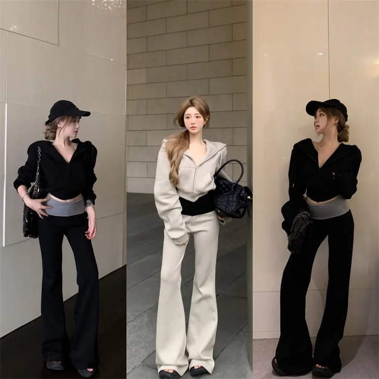 优秀的金蘑菇 时尚休闲套装慵懒连帽长袖修身撞色微喇叭裤两件套