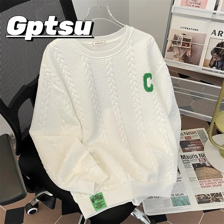 GPTSu高级感提花圆领厚棉T恤男秋冬季加绒加厚ins潮流长袖内搭衣