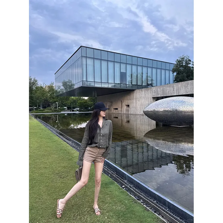 巨好看的夏装一整套女韩系polo领长袖衬衫搭配高腰显瘦短裤两件套