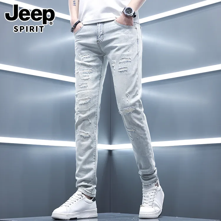 JEEPSPIRIT秋冬季新款男士破洞牛仔裤男潮流弹力修身小脚休闲裤