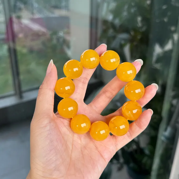 蜜蜡焦皮料鸡油红芬达色20mm多圆珠手串收藏级