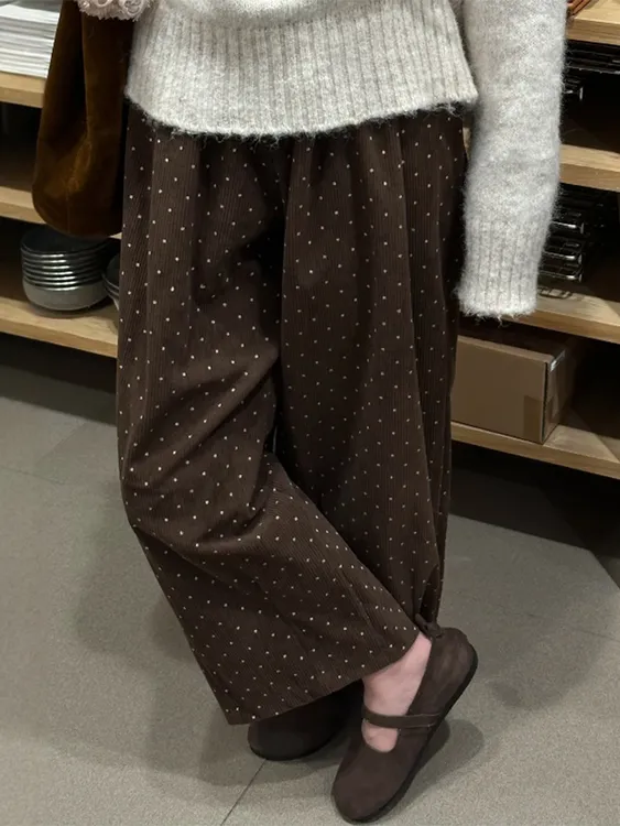 美拉德棕咖色波点阔腿裤女胖mm秋冬宽松显瘦灯芯绒休闲加绒气球裤