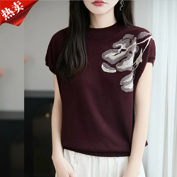 2025新款品牌早秋复古圆领包袖提花针织衫气质内搭打底衫上衣女