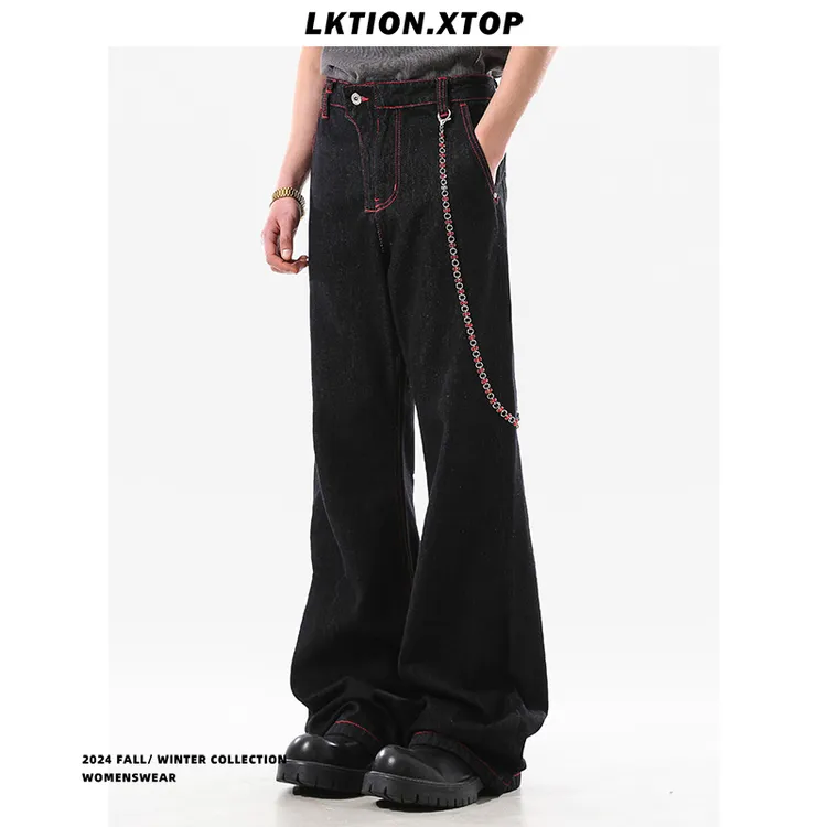 LK正品 潮原色红边撞色明线微喇牛仔裤男女高街直筒显瘦裤子潮