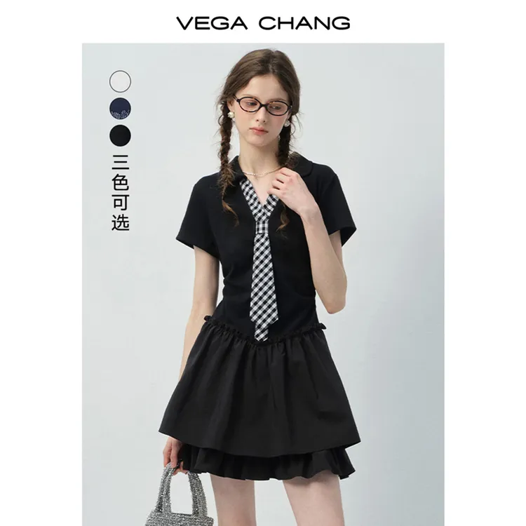 VEGA CHANG黑色连衣裙女2025新款夏格纹领带收腰显瘦小黑裙0840JJ