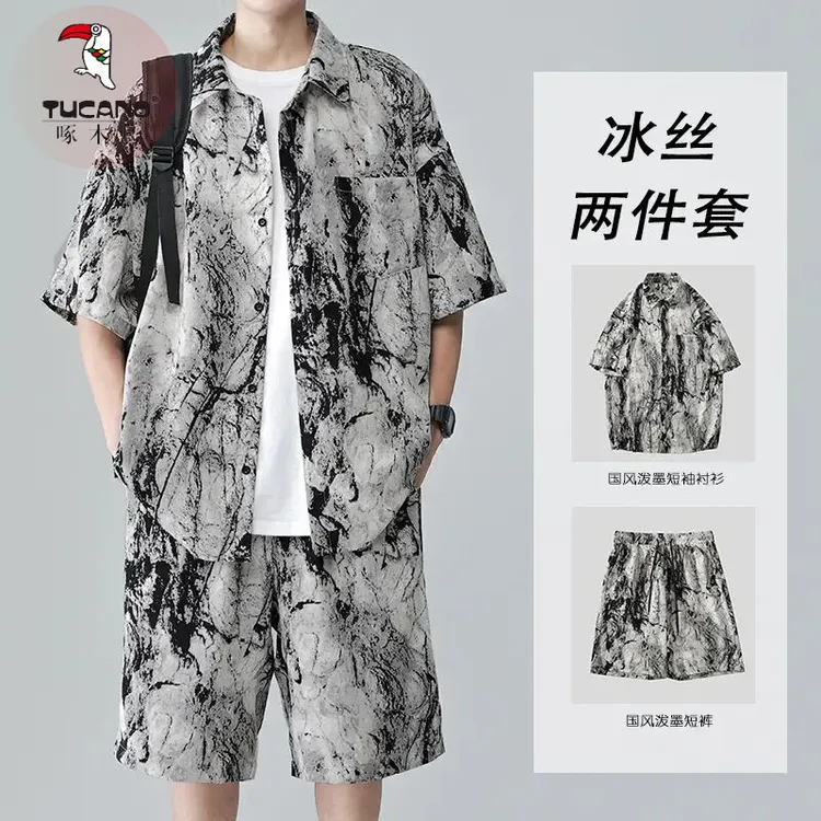 啄木鸟夏季宽松衬衫男士衬衫短裤沙滩度假冰丝男套装帅哥气氛感潮