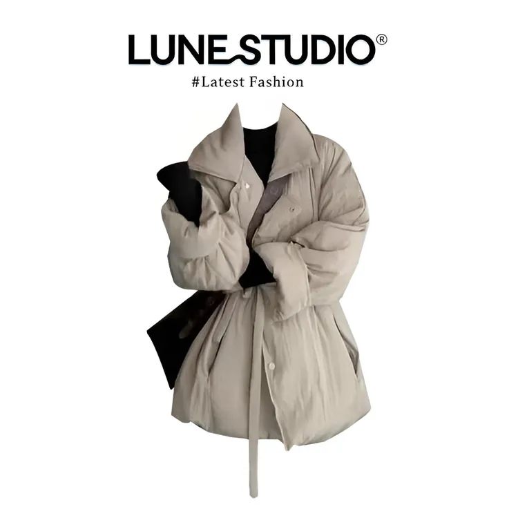 奶茶灰色翻领绑带宽松棉服外套女冬季保暖高级感棉袄棉衣