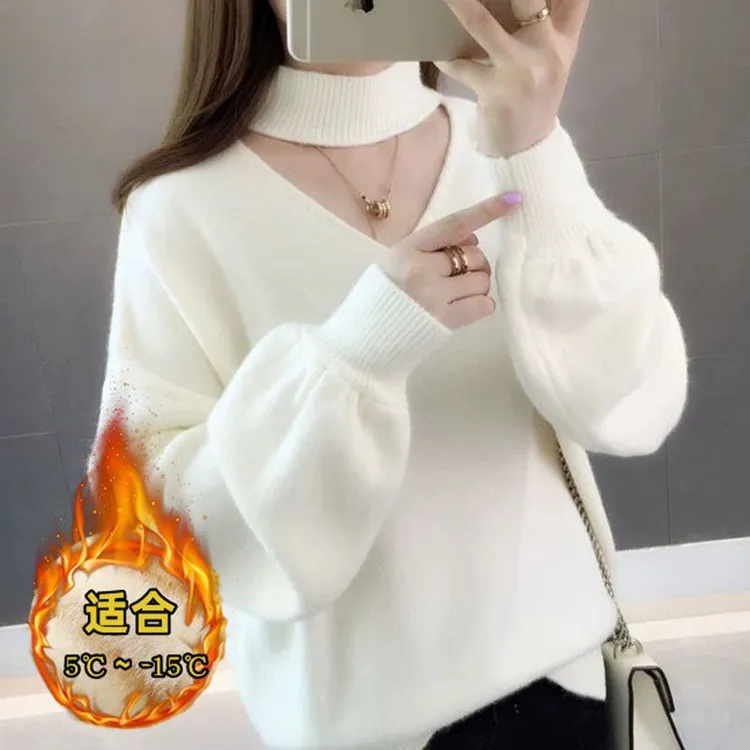 一体绒毛衣女秋冬加绒加厚2024新款韩版宽松挂脖设计感洋气打底衫