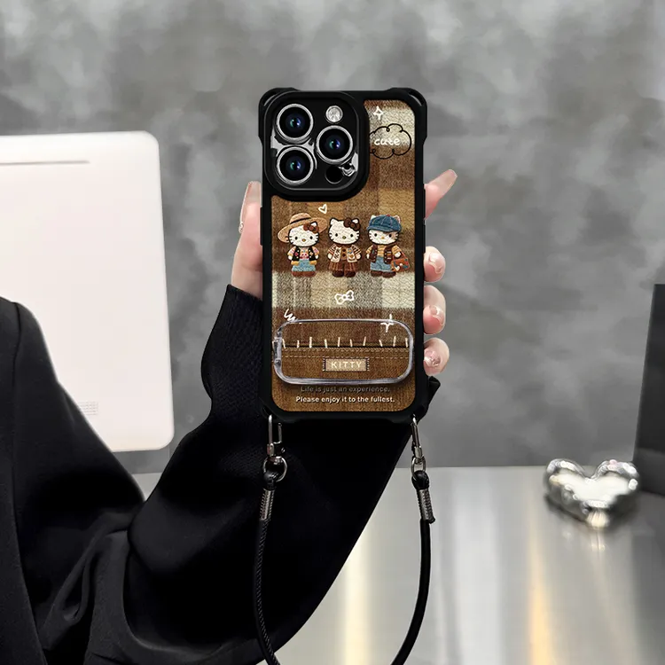 复古喵咪适用苹果vivo华为oppo小米iPhone17四角挂绳皮纹手机壳