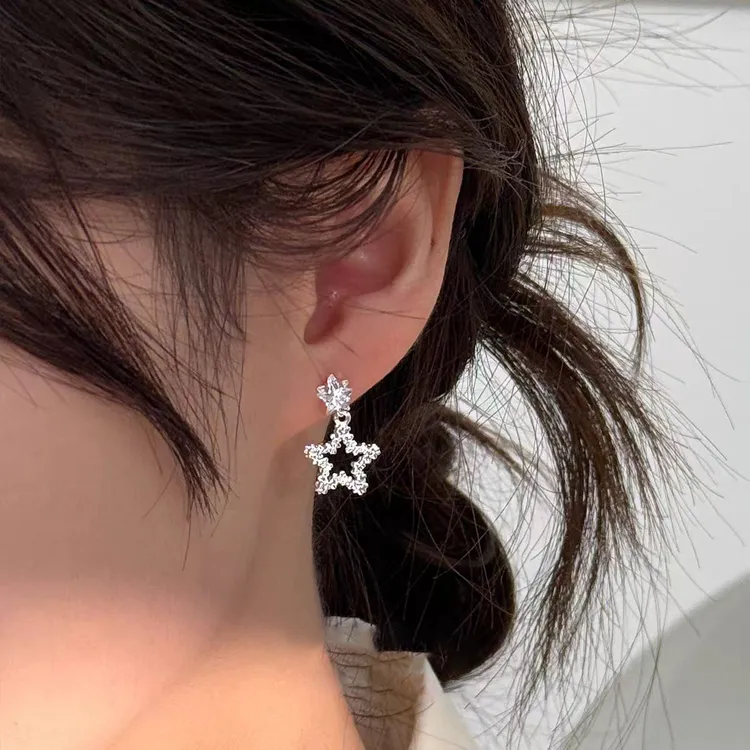 铜合金玻璃耳饰 韩系爆闪锆石精致星星耳钉女轻奢时尚高级感耳针