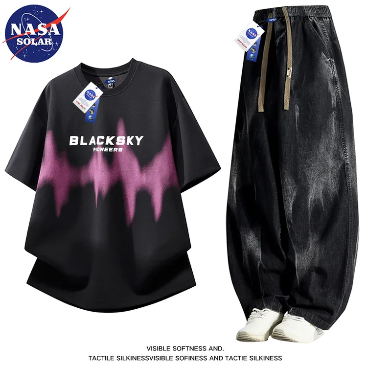 NASA SOLAR美式高街oversize短袖套装男女夏季痞帅宽松大码T恤男