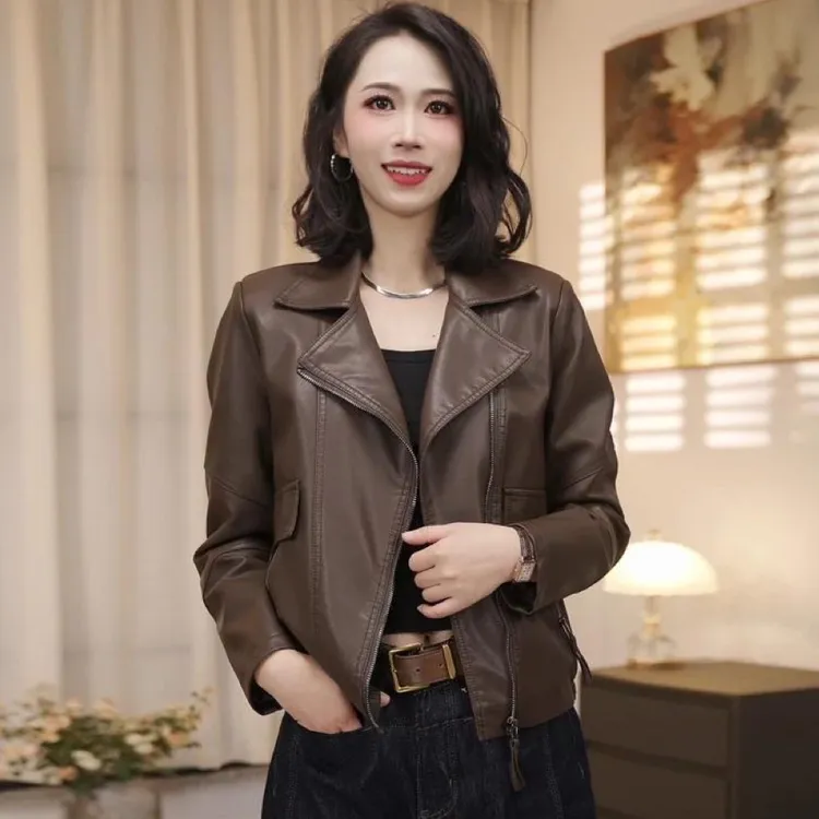 海宁皮衣女春秋短款2025新款宽松显瘦机车时尚小个子皮夹克外套