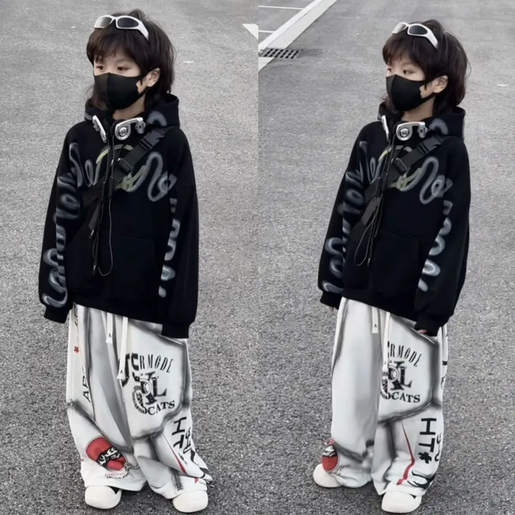 冬款一体绒连帽卫衣韩系手绘涂鸦个性帽衫保暖上衣宽松