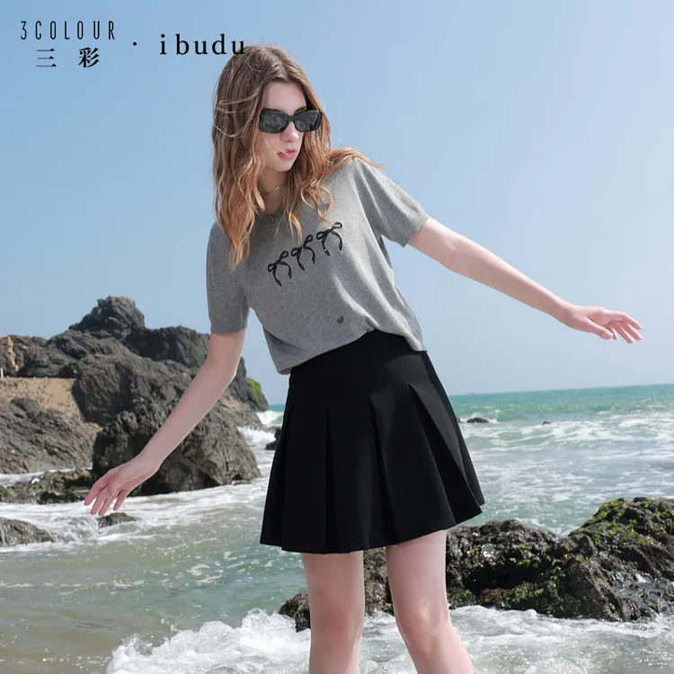 三彩ibudu2025夏季新款蝴蝶结针织衫刺绣圆领短袖上衣毛衫女