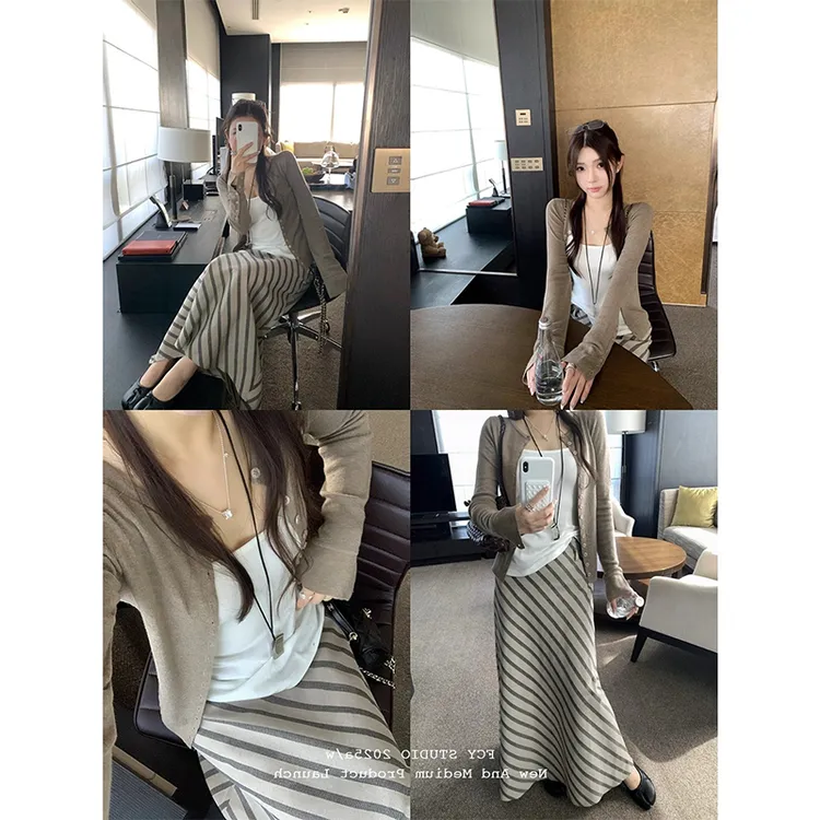 复古卡其色斜条纹半身裙女春秋新款高腰显瘦不规则宽松a字长裙子