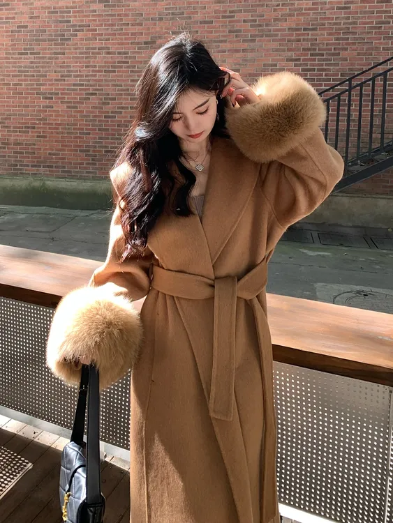 冬日摩洛哥双面呢羊毛大衣女中长款大翻领狐狸毛袖口皮草外套大衣