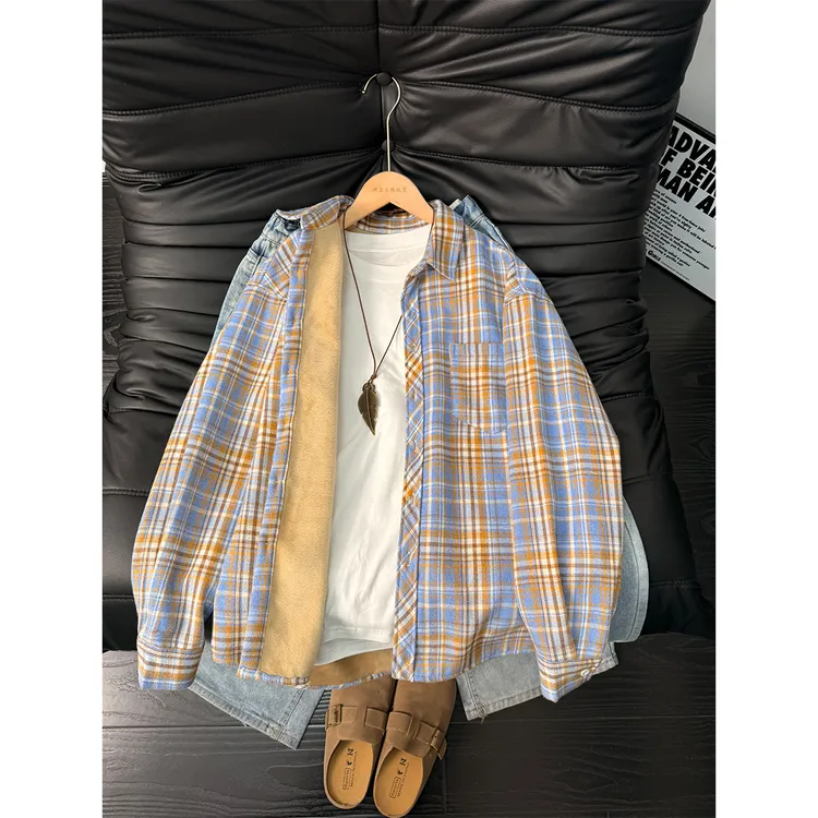 vintage黄蓝格子衬衫男款秋冬加绒内搭上衣美式复古长袖宽松外套