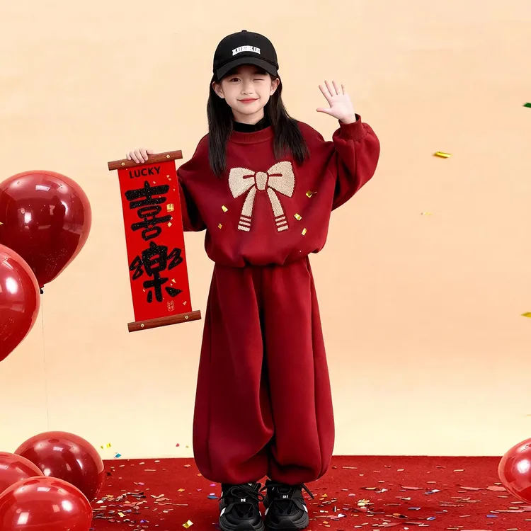 加绒加厚红色卫衣秋冬国潮喜庆拜年服虎年中大童女童套装适合10到
