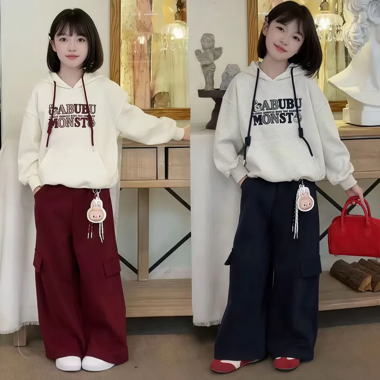 女童秋季套装2025新款中大童绣花字母连帽卫衣工装阔腿裤子两件套