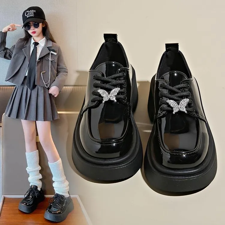 FAVMARTHA女中大童皮鞋2025春秋新款松糕底公主鞋学生校园黑色演