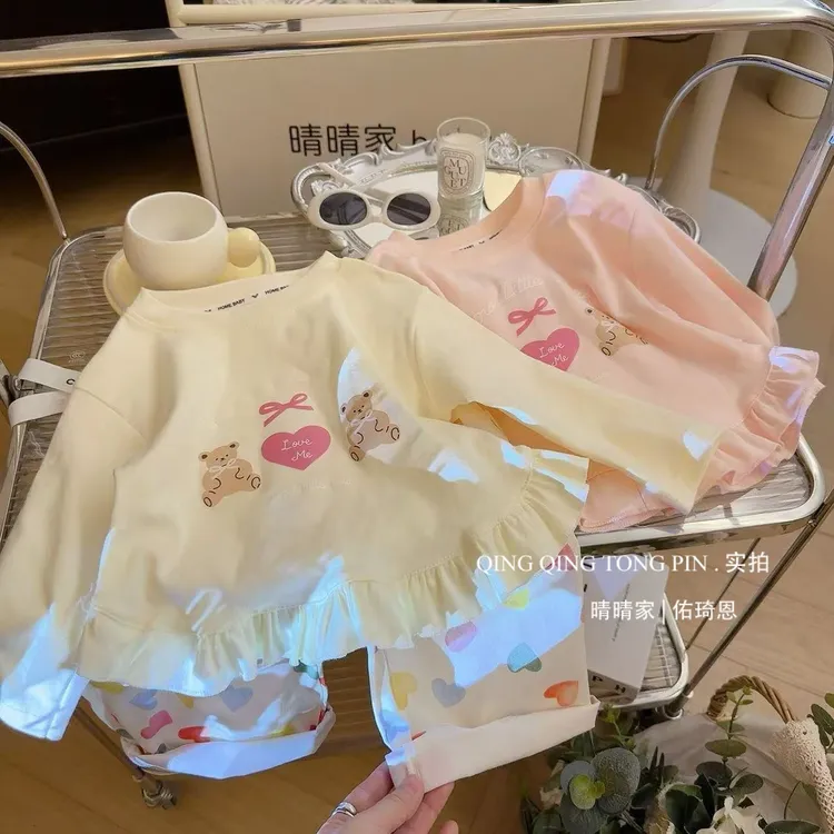 女童2025秋季新款韩系甜美小熊花边打底衫2