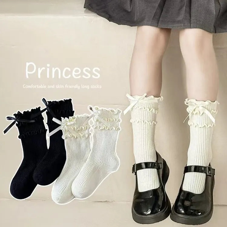 女童袜子棉袜春秋季儿童洛丽塔花边公主袜韩版洋气女孩宝宝中筒袜