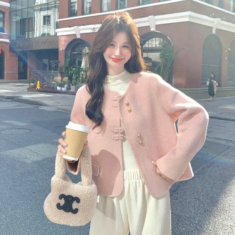 新中式双面羊绒短款大衣女2025秋冬新款圆领小个子毛呢高级感外套