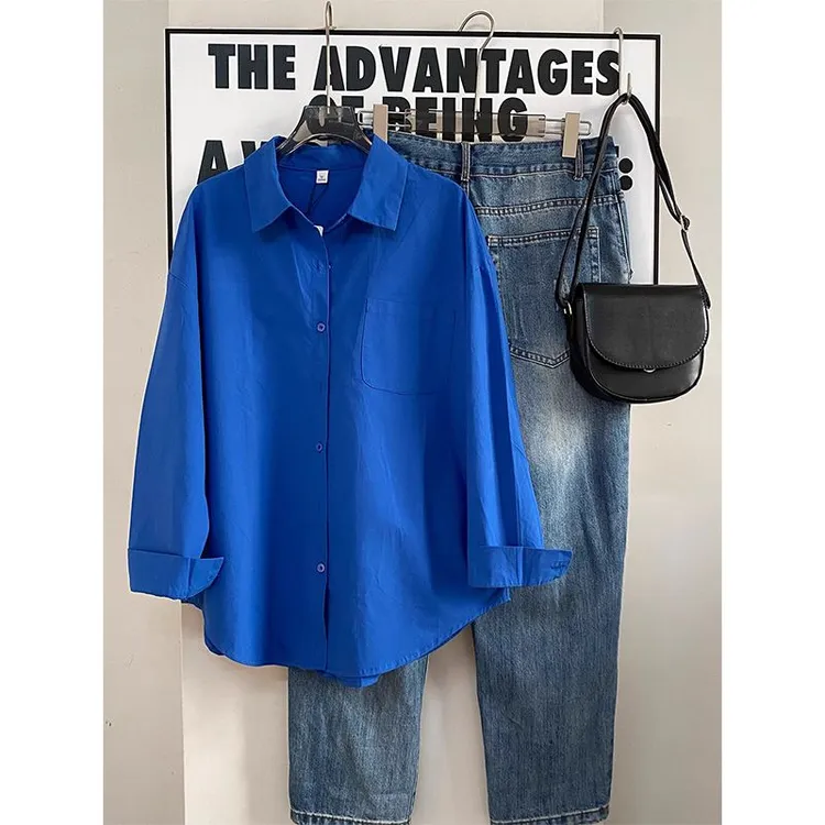 纯棉蓝色衬衫女春秋纯色休闲宽松百搭韩版叠穿长袖衬衣外套百搭潮