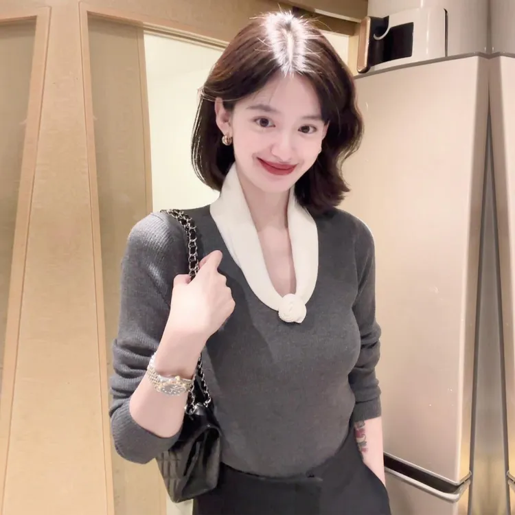 法式V领修身拼色针织衫女2025新款时尚韩版气质百搭显瘦上衣G9-57