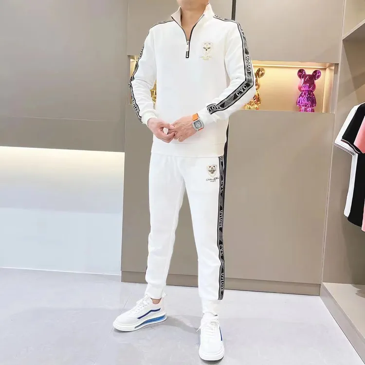男士时尚休闲套装春秋季拉链刺绣立领长裤两件套长袖潮流新款帅气